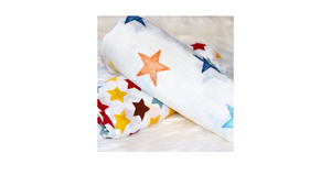 Reach for the Stars Muslin cotton swaddle set. Set of two lightweight muslin cotton swaddles with small and large colorful star prints.