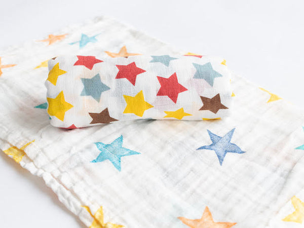 Reach for the Stars Muslin cotton swaddle set . Two muslin swaddles, one large star pattern, one small star pattern.