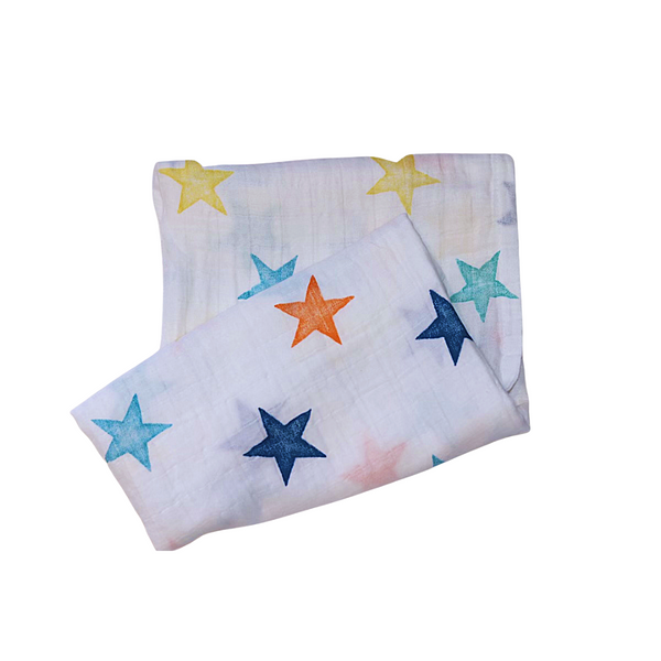 Large star pattern muslin cotton swaddle.